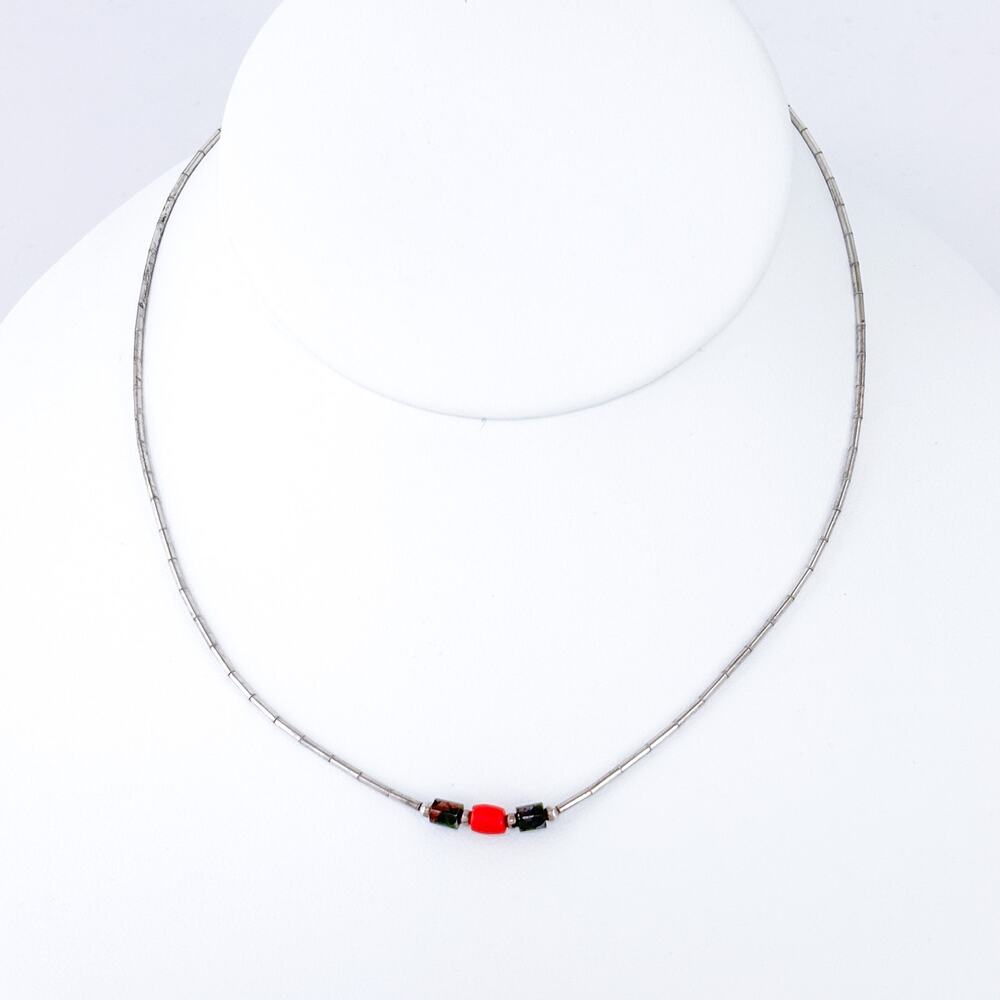 Vintage Sterling Silver 925 Coral Wood Bead Tube Necklace 14.5”